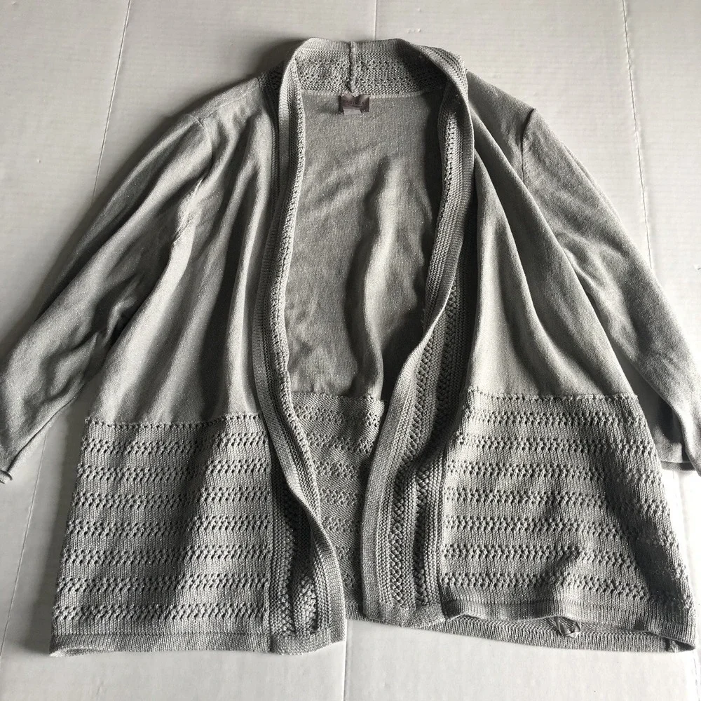 Easywear By Chico's Gray Silver Metallic Open Front Cardigan Sweater Sz 2 A77